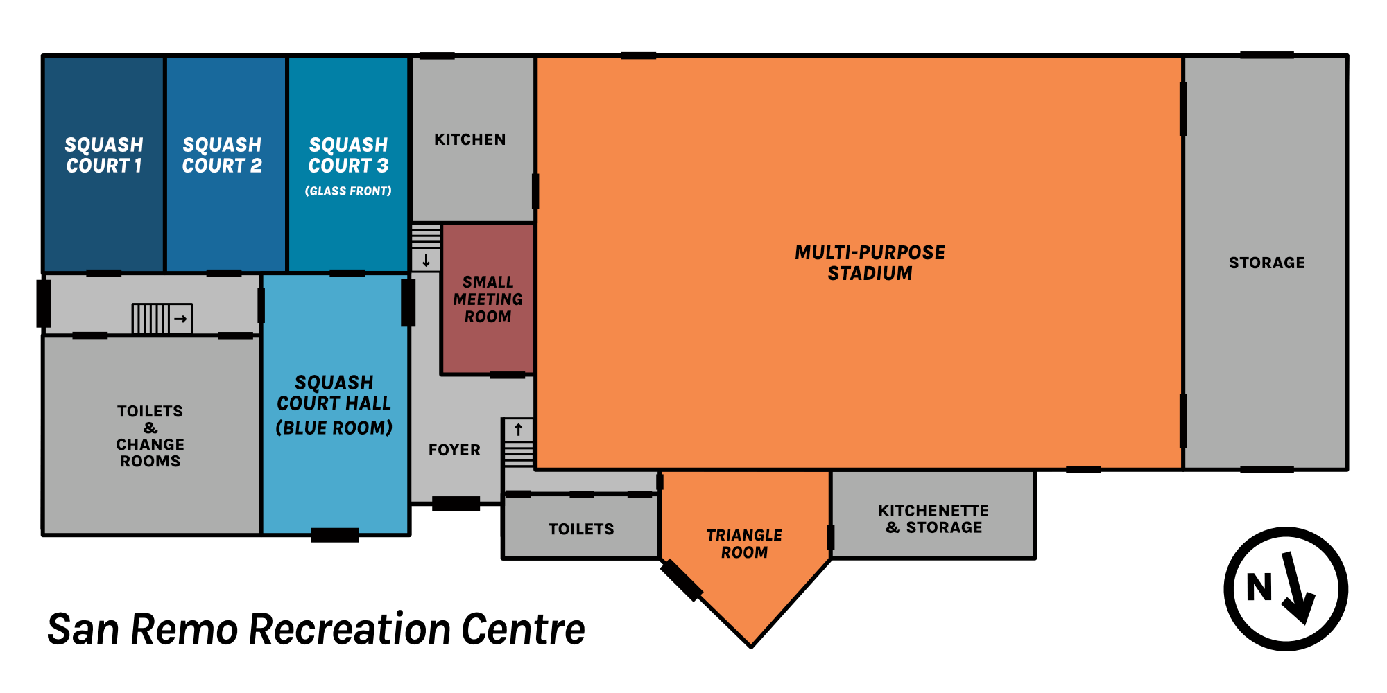 Plan of San Remo Rec Centre showing rooms available for hire.